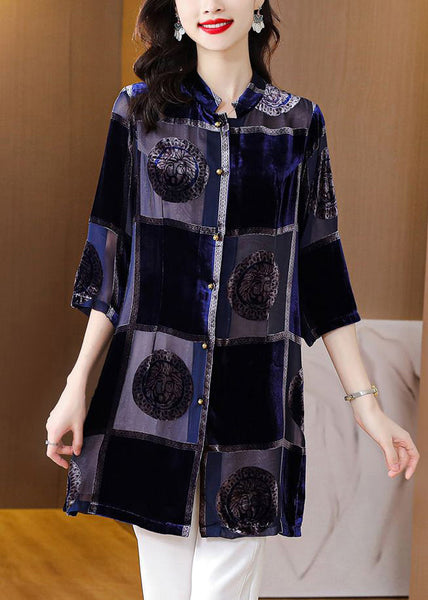 Style Navy Stand Collar Print Chiffon Long Shirt Half Sleeve AC3005