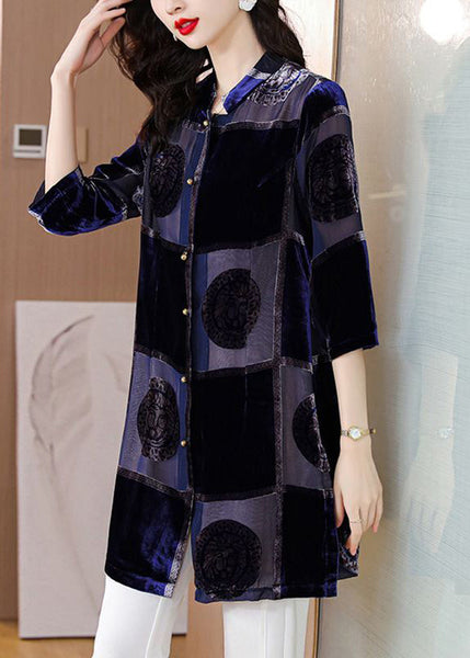 Style Navy Stand Collar Print Chiffon Long Shirt Half Sleeve AC3005