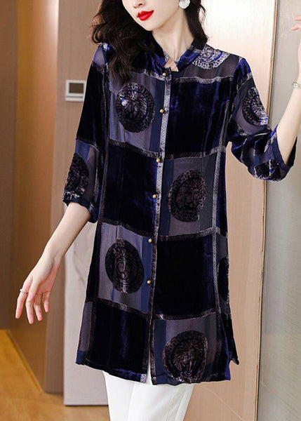 Style Navy Stand Collar Print Chiffon Long Shirt Half Sleeve LY0698