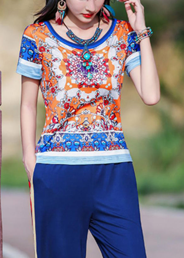 Style Orange O-Neck Print T Shirt Short Sleeve LY0194