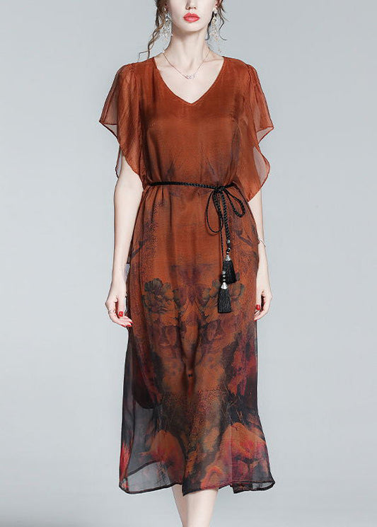 Style Orange O-Neck Print Tie Waist Silk Holiday Long Dress Short Sleeve LY1052