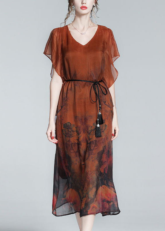 Style Orange O-Neck Print Tie Waist Silk Holiday Long Dress Short Sleeve LY1052