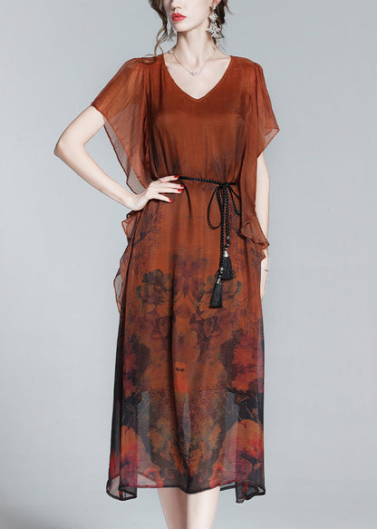 Style Orange O-Neck Print Tie Waist Silk Holiday Long Dress Short Sleeve LY1052