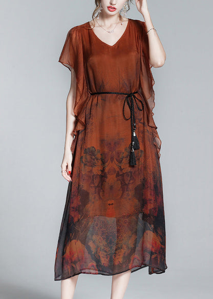 Style Orange O-Neck Print Tie Waist Silk Holiday Long Dress Short Sleeve LY1052