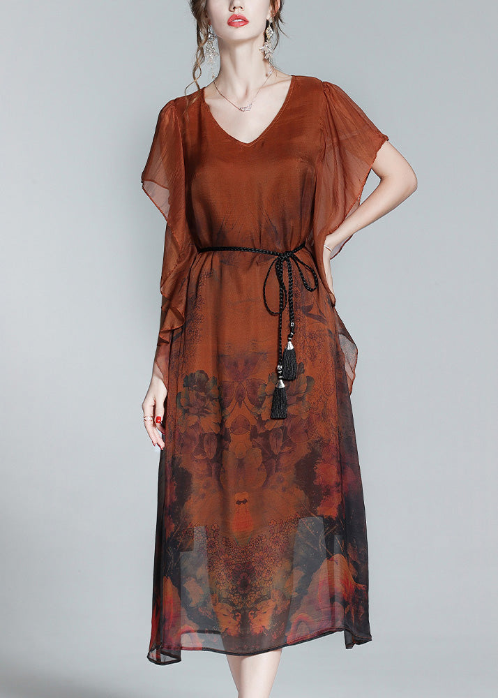 Style Orange O-Neck Print Tie Waist Silk Holiday Long Dress Short Sleeve LY1052