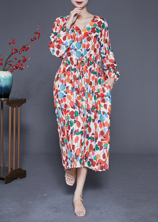 Style Orange V Neck Tie Waist Print Chiffon Maxi Dresses Spring LY1850