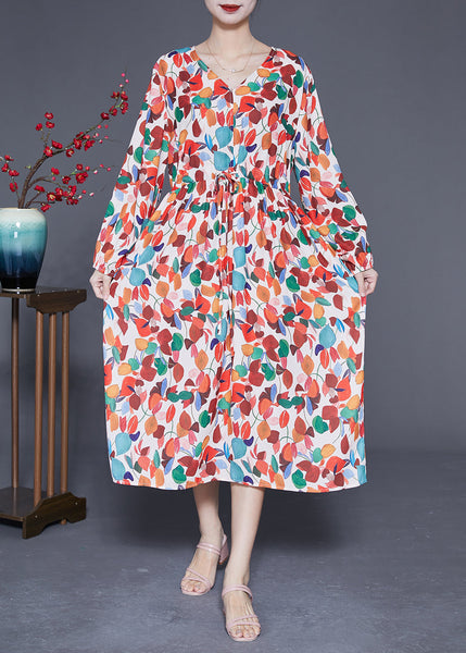 Style Orange V Neck Tie Waist Print Chiffon Maxi Dresses Spring LY1850