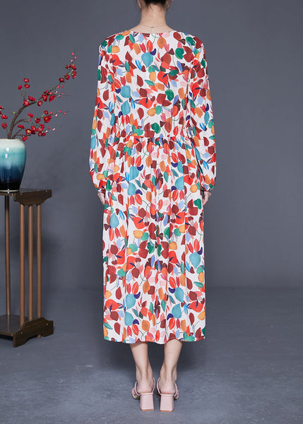 Style Orange V Neck Tie Waist Print Chiffon Maxi Dresses Spring LY1850