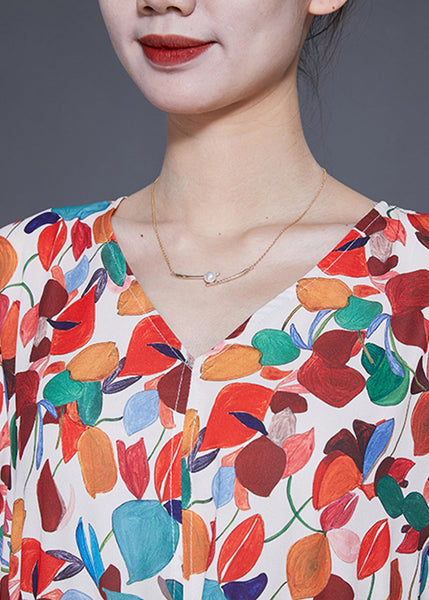 Style Orange V Neck Tie Waist Print Chiffon Maxi Dresses Spring LY1850