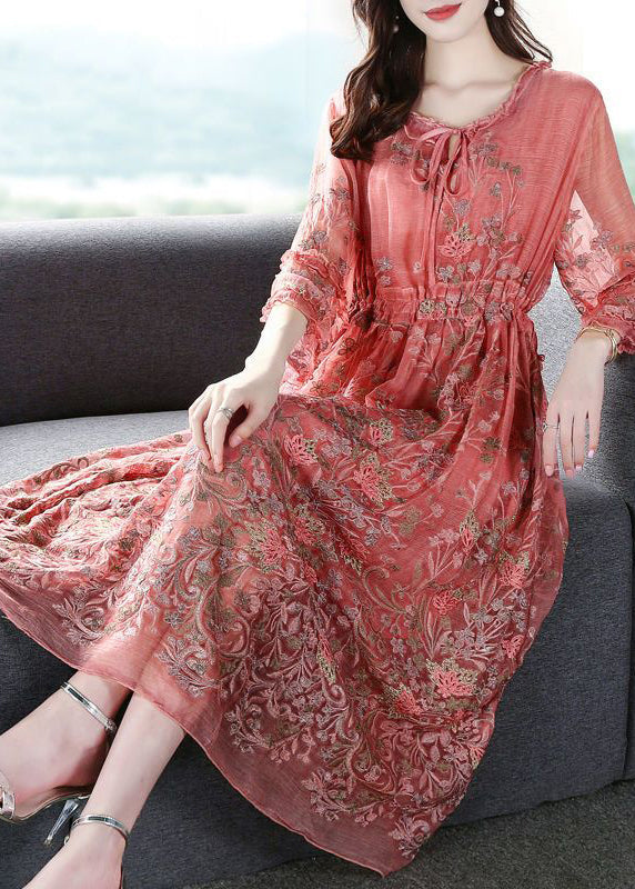 Style Pink O-Neck Cinched Embroideried Silk Maxi Dress Bracelet Sleeve LY0735