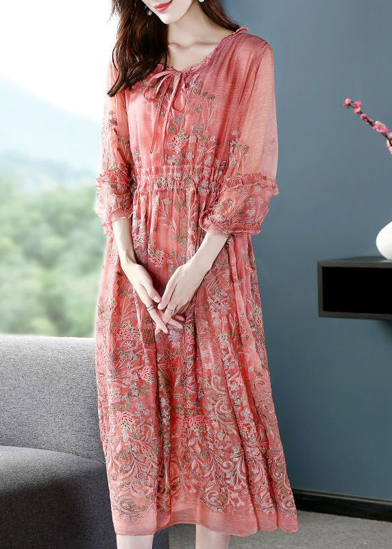 Style Pink O-Neck Cinched Embroideried Silk Maxi Dress Bracelet Sleeve LY0735