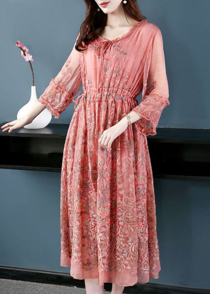 Style Pink O-Neck Cinched Embroideried Silk Maxi Dress Bracelet Sleeve AC3041