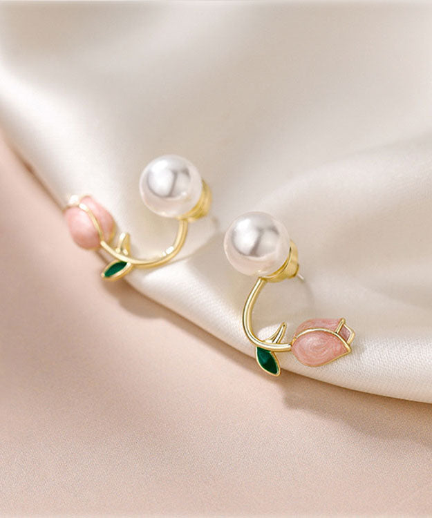 Style Pink Silver Overgild Pearl Oil Drip Hoop Earrings TW1045