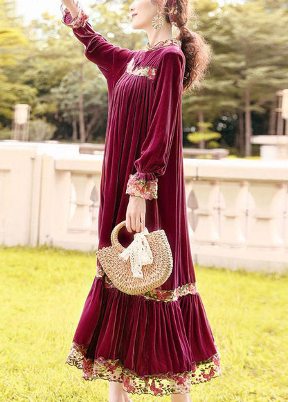 Style Purple Stand Collar Patchwork Embroideried Silk Velour Robe Dresses Spring LY0689