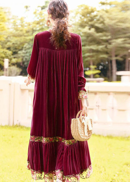 Style Purple Stand Collar Patchwork Embroideried Silk Velour Robe Dresses AC3062