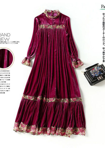 Style Purple Stand Collar Patchwork Embroideried Silk Velour Robe Dresses AC3062