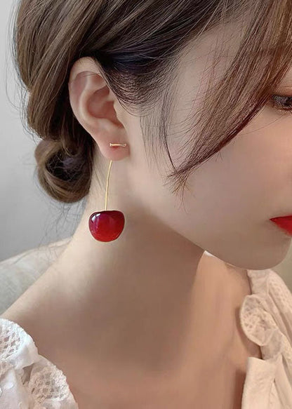 Style Red Cherry Made Of Acrylic Silver Drop Earrings HE1005