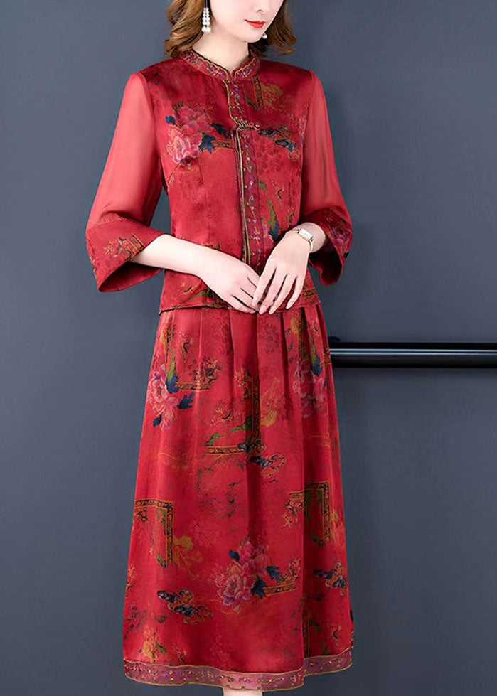 Style Red Tasseled Wrinkled Embroideried Silk Two Piece Set Clothing Summer LC0273