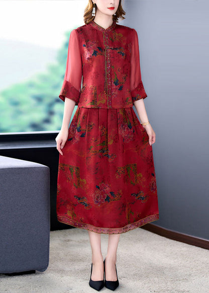 Style Red Tasseled Wrinkled Embroideried Silk Two Piece Set Clothing Summer LC0273