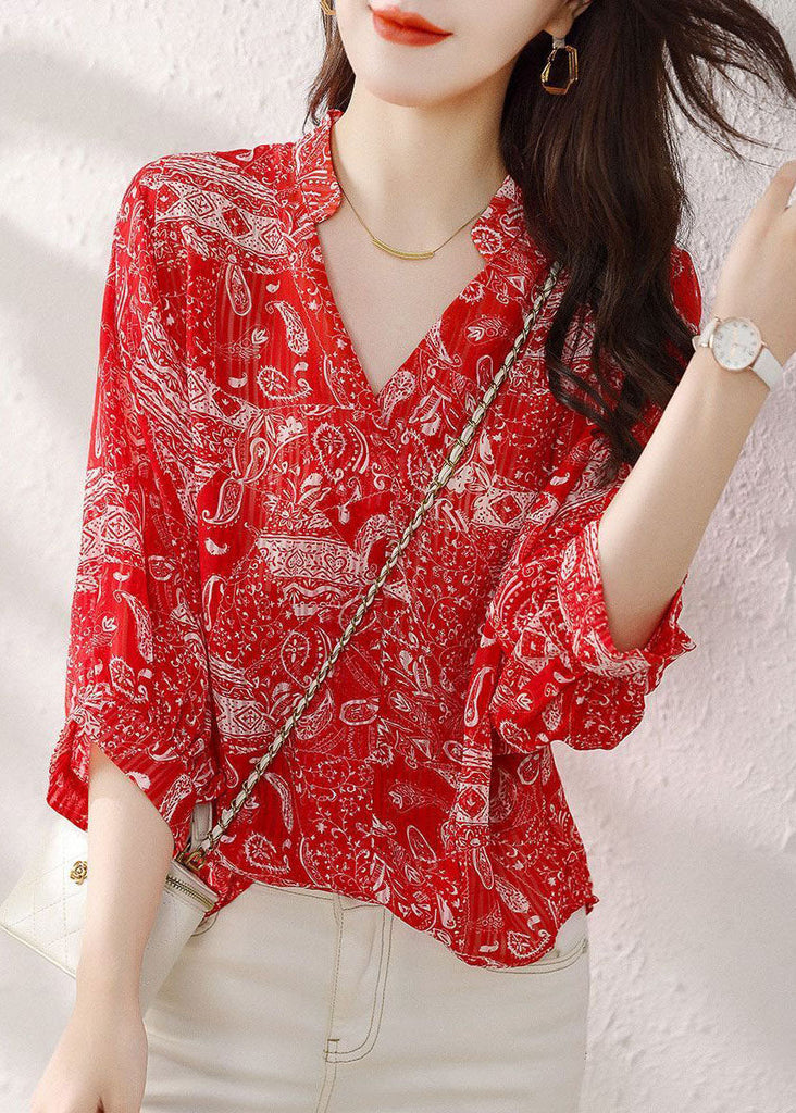 Style Red V Neck Print Patchwork Chiffon Blouses Summer TP1029