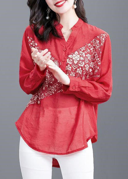 Style Red V Neck Print Patchwork Chiffon Shirts Spring LY1478