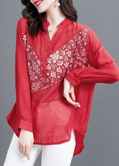 Style Red V Neck Print Patchwork Chiffon Shirts Spring LY1478