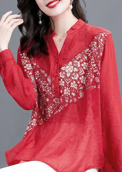 Style Red V Neck Print Patchwork Chiffon Shirts Spring LY1478