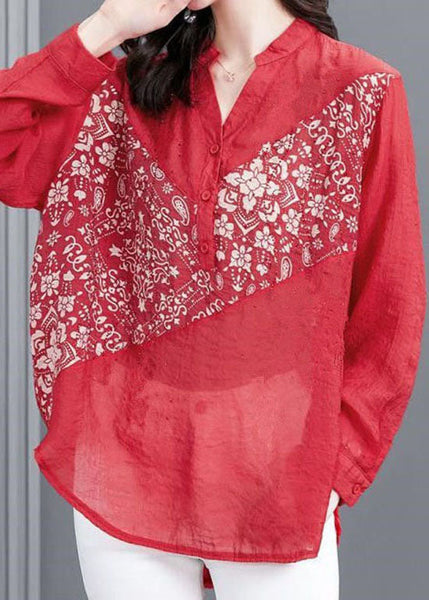 Style Red V Neck Print Patchwork Chiffon Shirts Spring LY1478