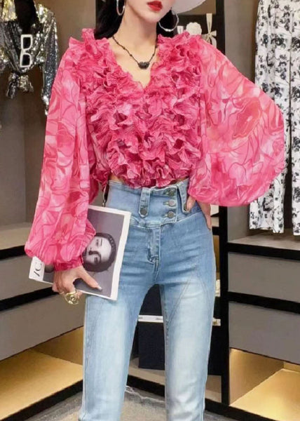 Chemisier d'été en mousseline patchwork à imprimé imprimé et col en V style rose TI1031