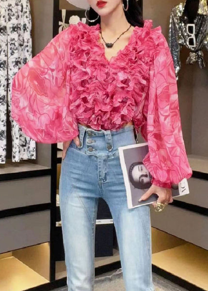 Chemisier d'été en mousseline patchwork à imprimé imprimé et col en V style rose TI1031