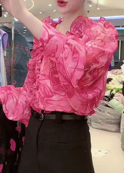 Style Rose V Neck Ruffled Print Patchwork Chiffon Shirt Top Summer TI1031