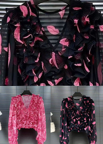 Chemisier d'été en mousseline patchwork à imprimé imprimé et col en V style rose TI1031