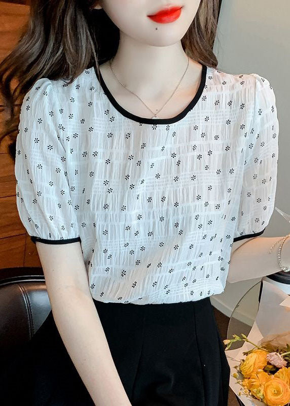 Style White O Neck Patchwork Print Chiffon T Shirt Top Summer LY1470