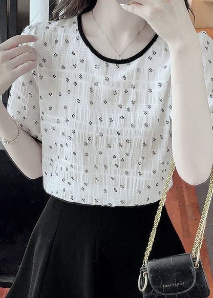 Style White O Neck Patchwork Print Chiffon T Shirt Top Summer LY1470