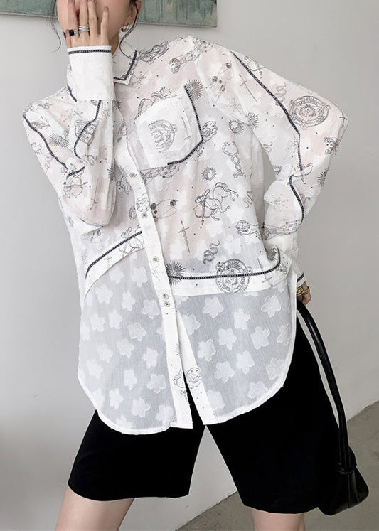 Style White Peter Pan Collar Print Button Shirts Long Sleeve LY0795