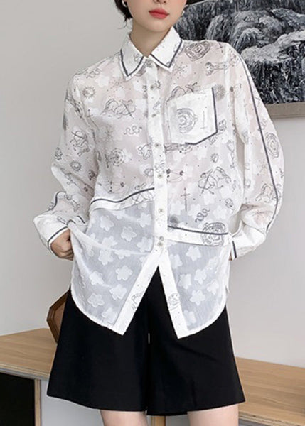 Style White Peter Pan Collar Print Button Shirts Long Sleeve LY0795