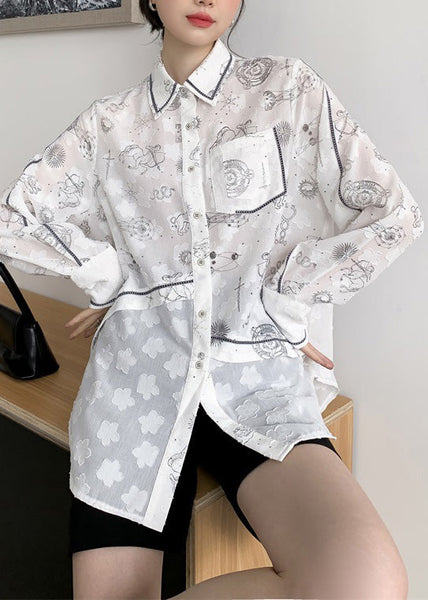 Style White Peter Pan Collar Print Button Shirts Long Sleeve LY0795