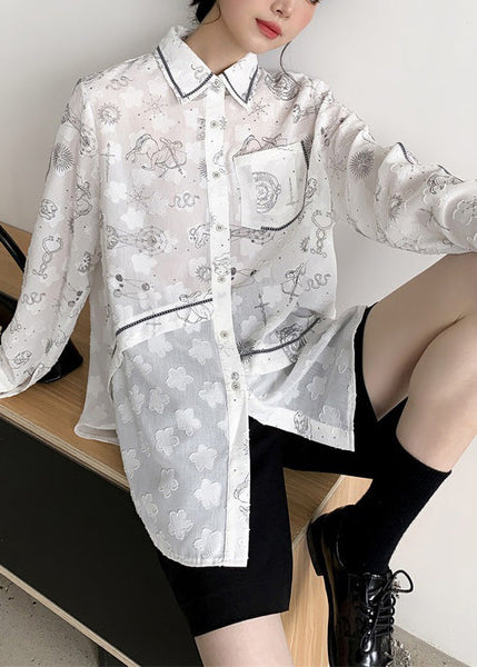 Style White Peter Pan Collar Print Button Shirts Long Sleeve LY0795
