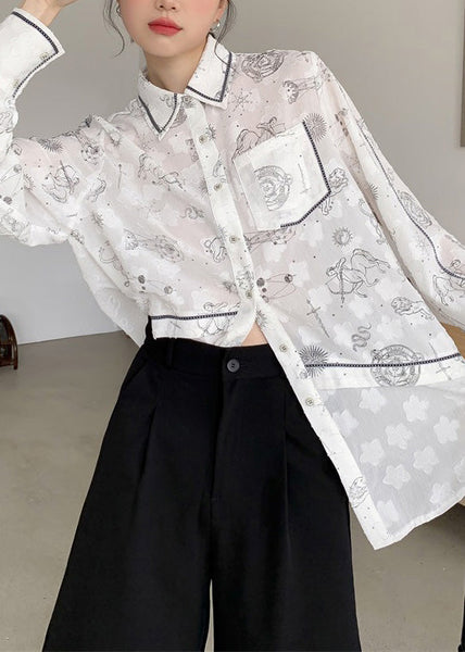 Style White Peter Pan Collar Print Button Shirts Long Sleeve LY0795