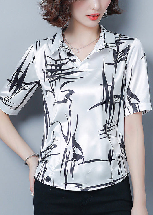 Style White Peter Pan Collar Print Silk Shirt Top Short Sleeve LY0447