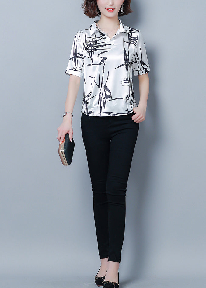 Style White Peter Pan Collar Print Silk Shirt Top Short Sleeve LY0447