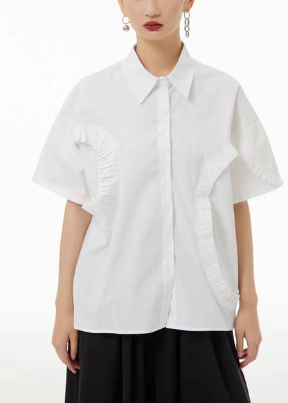 Style White Peter Pan Collar Wrinkled Cotton Shirt Top Summer LC0132