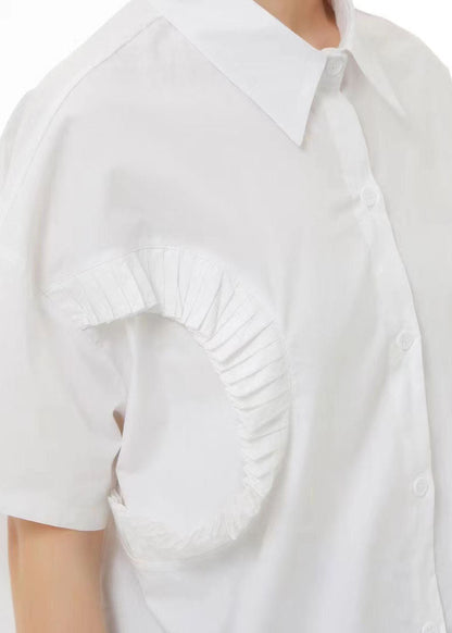 Style White Peter Pan Collar Wrinkled Cotton Shirt Top Summer LC0132