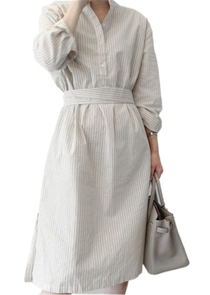 Style White Striped Patchwork Cotton Shirts Dress Spring LC0460