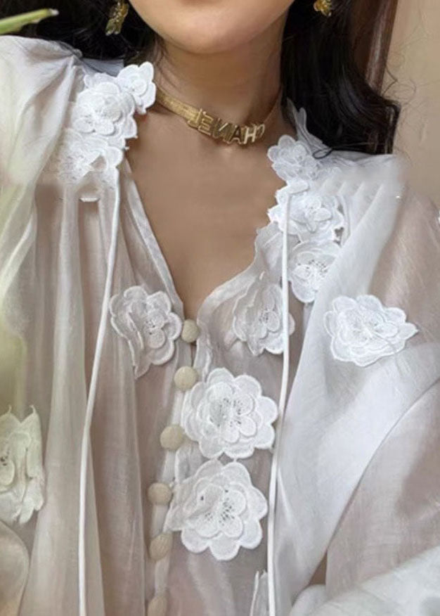 Style White V Neck Floral Decorated Patchwork Silk Top Long SleeveTI1045