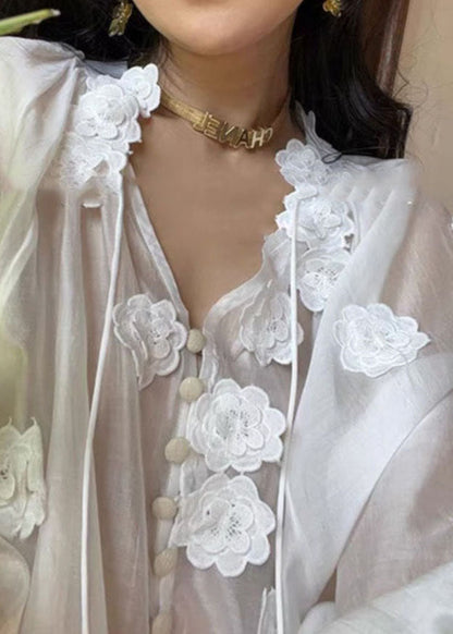 Style White V Neck Floral Decorated Patchwork Silk Top Long SleeveTI1045