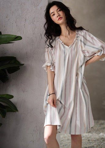 Style White V Neck Striped Cotton Long Dresses Summer LY1865