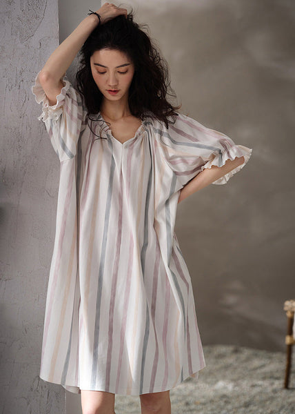 Style White V Neck Striped Cotton Long Dresses Summer LY1865