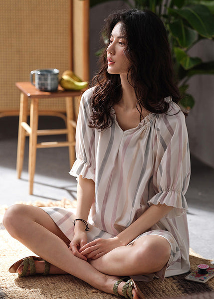 Style White V Neck Striped Cotton Long Dresses Summer LY1865