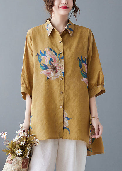 Style Yellow Oversized Print Cotton Shirt Top Half Sleeve LY1499